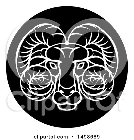 Clipart of a Zodiac Horoscope Astrology Aries Ram Circle Design, Black and White - Royalty Free Vector Illustration by AtStockIllustration