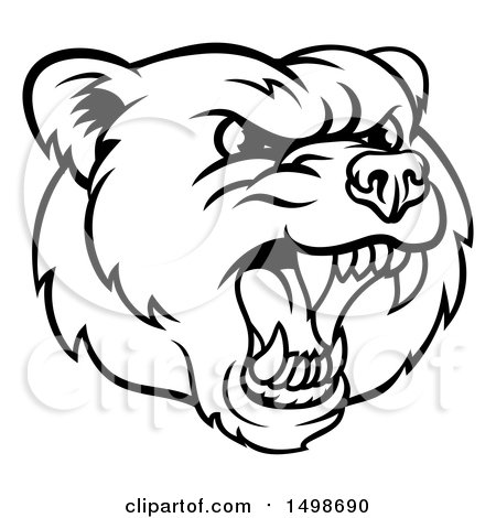 Clipart of a Mad Grizzly Bear Mascot Head, Black and White - Royalty Free Vector Illustration by AtStockIllustration