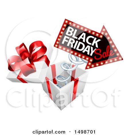 Clipart of a 3d Arrow Marquee Sign with Black Friday Sale Text Springing out of a Gift Box - Royalty Free Vector Illustration by AtStockIllustration