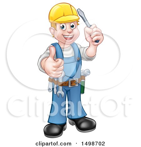 Clipart of a Cartoon Full Length Happy White Male Electrician Holding up a Screwdriver and Thumb - Royalty Free Vector Illustration by AtStockIllustration