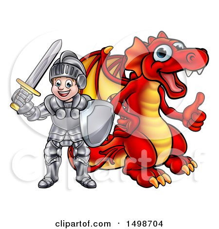 Clipart of a White Boy Knight by a Red Dragon - Royalty Free Vector Illustration by AtStockIllustration