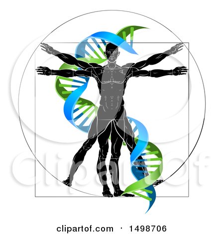 Clipart of a Vitruvian Man with a Green and Blue Double Helix - Royalty Free Vector Illustration by AtStockIllustration