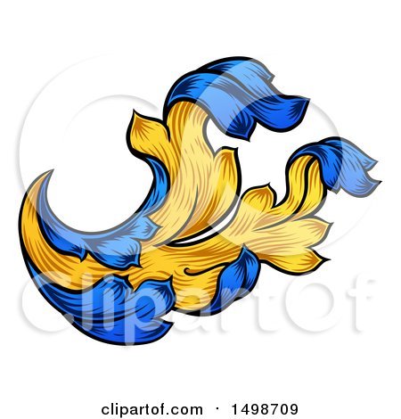 Clipart of a Blue and Yellow Vintage Heraldry Floral Design Element - Royalty Free Vector Illustration by AtStockIllustration