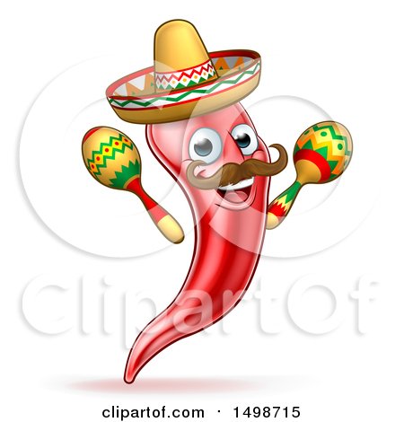 Clipart of a Cartoon Spicy Hot Red Chili Pepper Mascot Wearing a Sombrero Hat and Shaking Mexican Maracas - Royalty Free Vector Illustration by AtStockIllustration