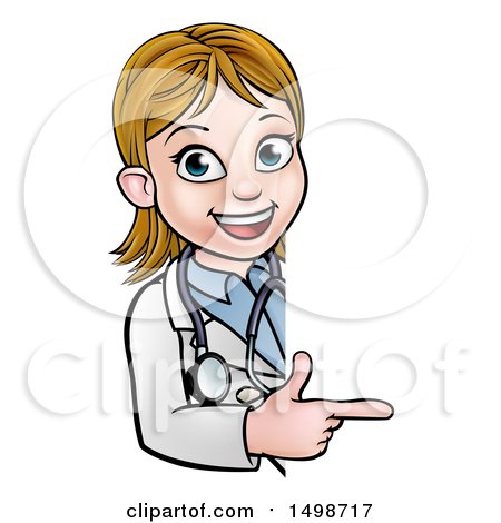 Clipart of a Cartoon Friendly White Female Doctor Pointing Around a Sign - Royalty Free Vector Illustration by AtStockIllustration