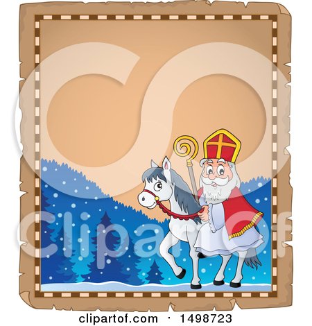 Clipart of a Horseback Christmas Sinterklaas on a Parchment Page - Royalty Free Vector Illustration by visekart