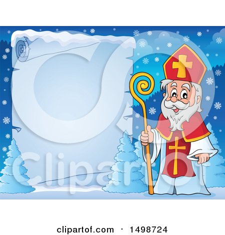 Clipart of a Christmas Sinterklaas by a Frozen Scroll - Royalty Free Vector Illustration by visekart