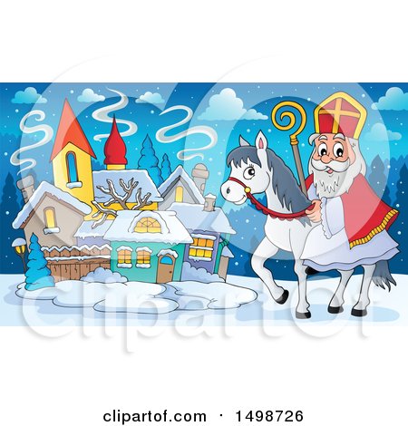 Clipart of a Horseback Christmas Sinterklaas in a Town - Royalty Free Vector Illustration by visekart