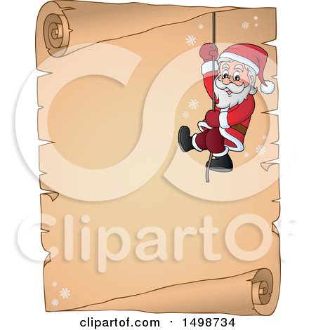 Clipart of a Christmas Santa Claus Climbing a Rope over a Parchment Scroll - Royalty Free Vector Illustration by visekart