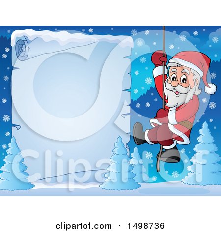 Clipart of a Christmas Santa Claus Climbing a Rope over a Frozen Parchment Scroll - Royalty Free Vector Illustration by visekart
