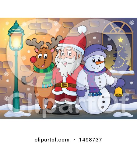 Clipart of a Christmas Santa Claus with a Reindeer and Snowman - Royalty Free Vector Illustration by visekart