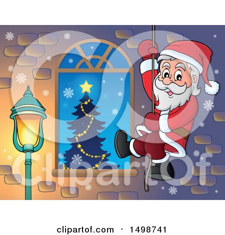 Clipart of a Christmas Santa Claus Climbing a Rope by a Window - Royalty Free Vector Illustration by visekart