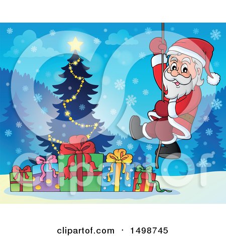 Clipart of a Christmas Santa Claus Climbing a Rope - Royalty Free Vector Illustration by visekart