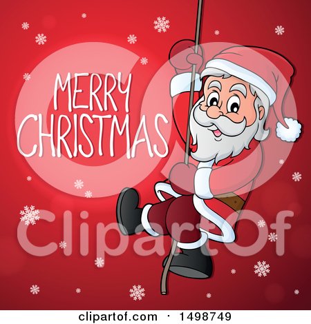 Clipart of a Merry Christmas Greeting and Santa Claus Climbing a Rope - Royalty Free Vector Illustration by visekart