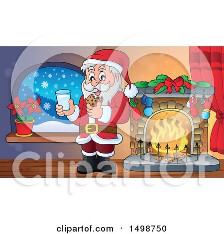 Clipart of a Christmas Santa Claus Enjoying a Snack of Milk and Cookies by a Fireplace - Royalty Free Vector Illustration by visekart