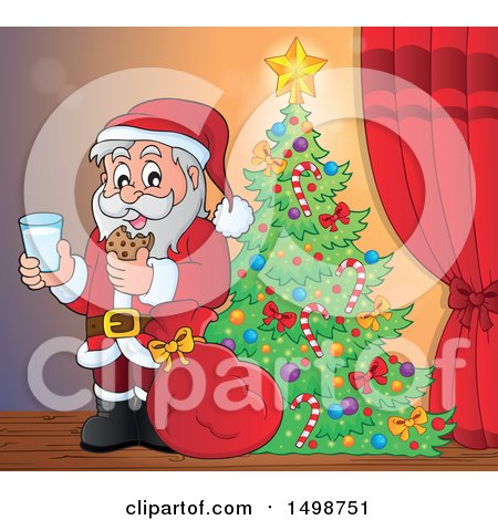 Clipart of a Christmas Santa Claus Enjoying a Snack of Milk and Cookies by a Tree - Royalty Free Vector Illustration by visekart