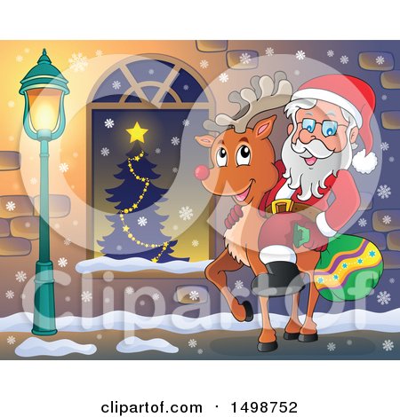 Clipart of a Christmas Santa Claus Riding a Reindeer - Royalty Free Vector Illustration by visekart