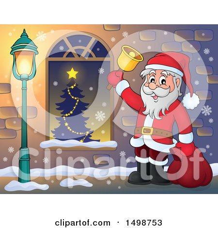Clipart of a Christmas Santa Claus Ringing a Bell by a Window - Royalty Free Vector Illustration by visekart