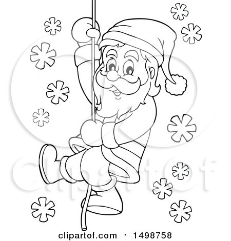 Clipart of a Black and White Christmas Santa Claus Climbing a Rope - Royalty Free Vector Illustration by visekart