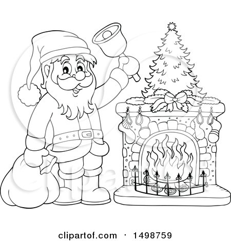 Clipart of a Christmas Santa Claus Ringing a Bell by a Fireplace - Royalty Free Vector Illustration by visekart