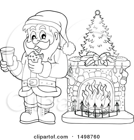 Clipart of a Black and White Christmas Santa Claus Enjoying a Snack of Milk and Cookies - Royalty Free Vector Illustration by visekart