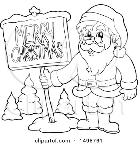 Clipart of a Black and White Christmas Santa Claus with a Sign - Royalty Free Vector Illustration by visekart