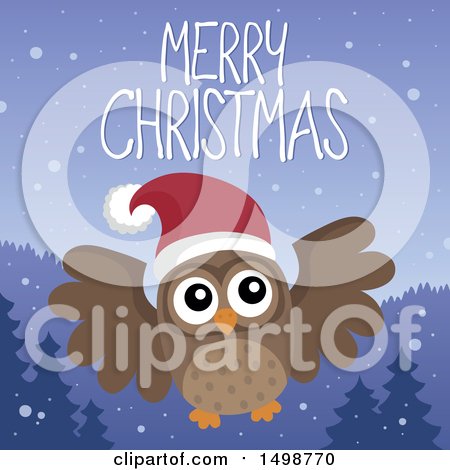 Clipart of a Merry Christmas Greeting with an Owl Wearing a Santa Hat - Royalty Free Vector Illustration by visekart