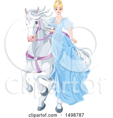 Clipart of a Blond Princess in a Blud Dress, Riding a White Horse - Royalty Free Vector Illustration by Pushkin