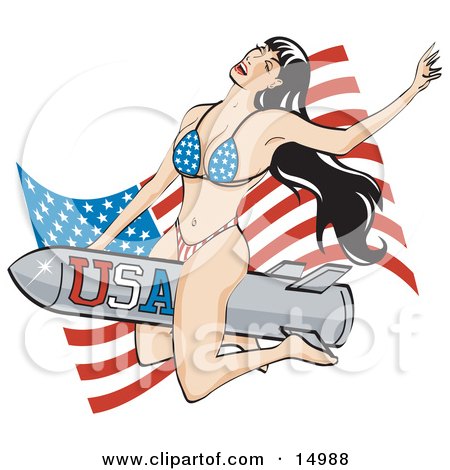 Sexy Brunette Woman In A Stars And Stripes Bikini, Riding A Rocket In Front Of An American Flag Clipart Illustration by Andy Nortnik