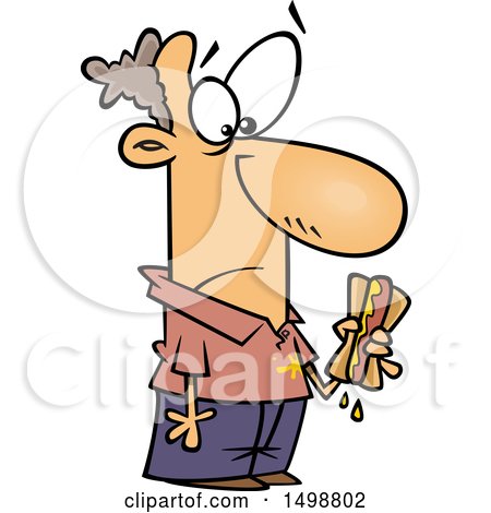 Clipart of a Cartoon Caucasian Man Holding a Messy Hot Dog and Getting Mustard on His Shirt - Royalty Free Vector Illustration by toonaday