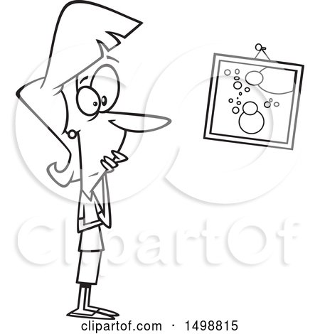 Clipart of a Cartoon Lineart Woman Looking at a Crooked Painting - Royalty Free Vector Illustration by toonaday