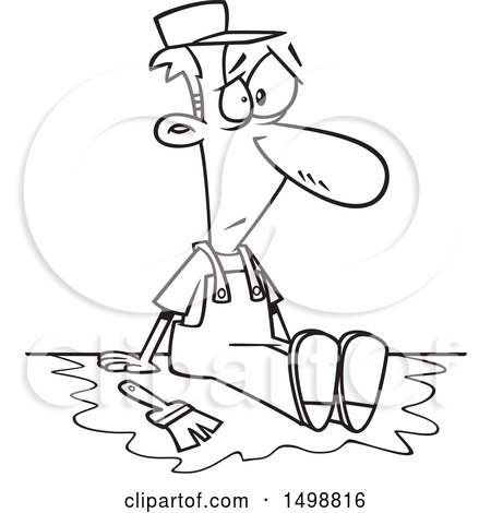 Clipart of a Cartoon Lineart Male Painter Sitting in a Puddle of Paint - Royalty Free Vector Illustration by toonaday