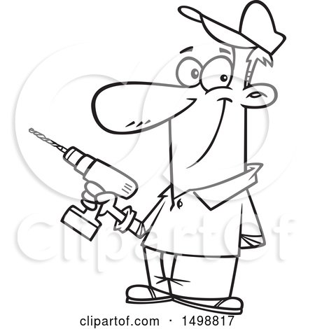 Clipart of a Cartoon Lineart Handyman Holding a Cordless Drill - Royalty Free Vector Illustration by toonaday