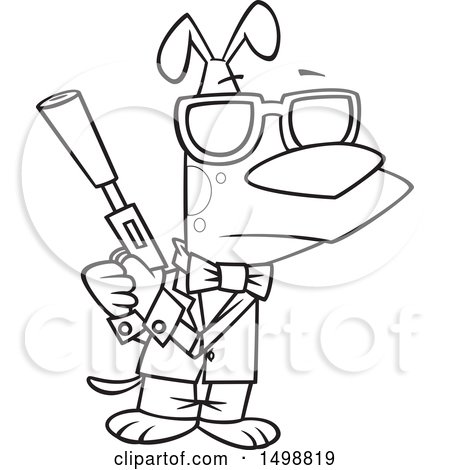 Clipart of a Cartoon Lineart Secret Agent Dog Holding a Gun with a Silencer - Royalty Free Vector Illustration by toonaday