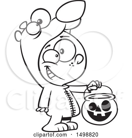 Clipart of a Cartoon Lineart Boy in a Bear Halloween Costume, Holding out a Trick or Treat Pumpkin Bucket - Royalty Free Vector Illustration by toonaday