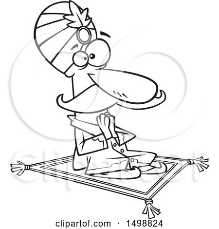 Clipart of a Cartoon Lineart Indian Maharaja on a Carpet - Royalty Free Vector Illustration by toonaday
