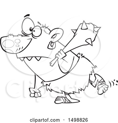 Clipart of a Cartoon Lineart Nasty Ogre Walking with a Club over His Shoulder - Royalty Free Vector Illustration by toonaday