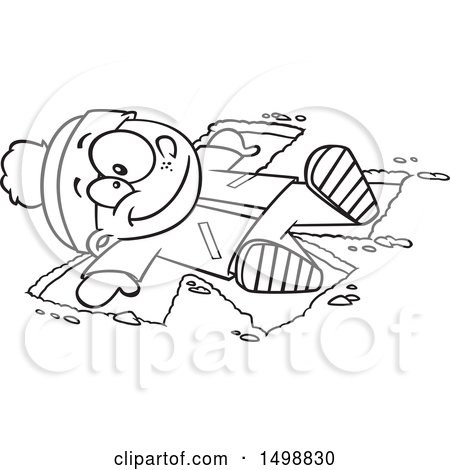 Clipart of a Cartoon Lineart Happy Boy Making a Snow Angel - Royalty Free Vector Illustration by toonaday