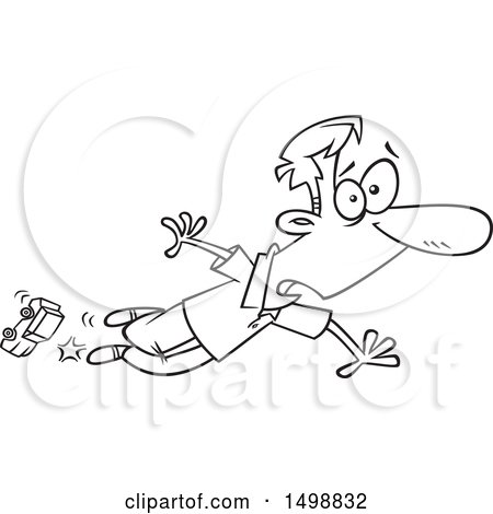 Clipart of a Cartoon Lineart Dad Tripping over a Toy Car - Royalty Free Vector Illustration by toonaday