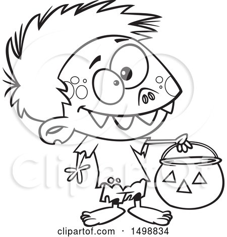 Clipart of a Cartoon Lineart Zombie Boy in a Bear Halloween Costume, Holding out a Trick or Treat Pumpkin Bucket - Royalty Free Vector Illustration by toonaday