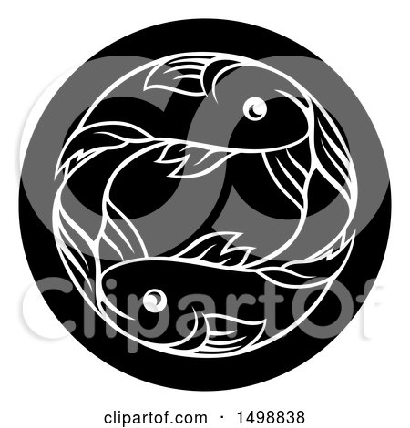 Clipart of a Zodiac Horoscope Astrology Pisces Fish Circle Design in Black and White - Royalty Free Vector Illustration by AtStockIllustration