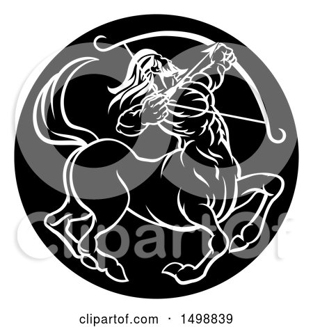 Clipart of a Zodiac Horoscope Astrology Centaur Sagittarius Circle Design in Black and White - Royalty Free Vector Illustration by AtStockIllustration