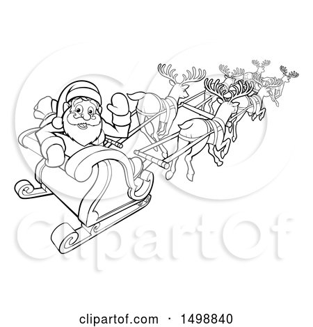 Clipart of a Black and White Scene of Reindeer Flying Santa in a Sleigh - Royalty Free Vector Illustration by AtStockIllustration