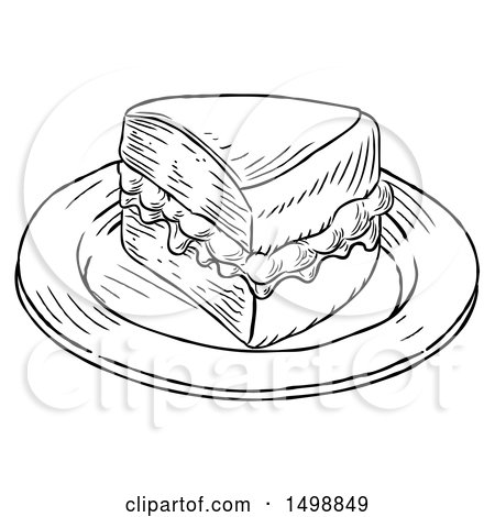Clipart of a Piece of Victoria Sponge Cake, Black and White Engraved Style - Royalty Free Vector Illustration by AtStockIllustration