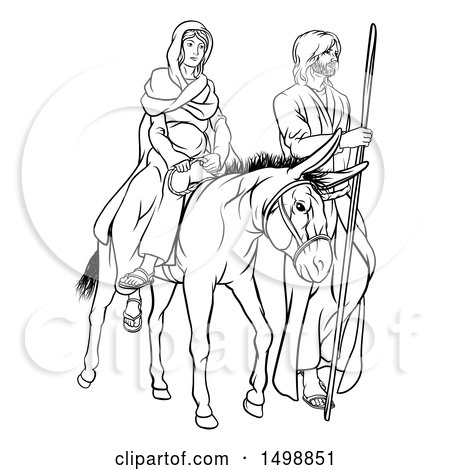 Clipart of Virgin Mary on a Donkey and Joseph, Black and White - Royalty Free Vector Illustration by AtStockIllustration