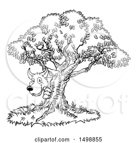 Clipart of a Black and White Bad Wolf Peeking from Behind a Tree, the Three Little Pigs Story - Royalty Free Vector Illustration by AtStockIllustration