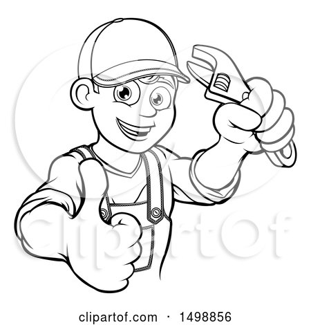 Clipart of a Black and White Cartoon Happy Male Plumber Holding an Adjustable Wrench and Giving a Thumb up - Royalty Free Vector Illustration by AtStockIllustration