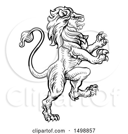 Clipart of a Black and White Heraldic Rampant Lion - Royalty Free Vector Illustration by AtStockIllustration