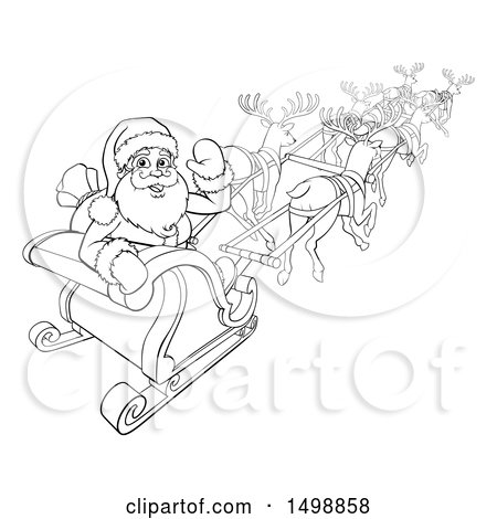Clipart of a Black and White Santa Waving While Flying with Reindeer in His Sleigh - Royalty Free Vector Illustration by AtStockIllustration