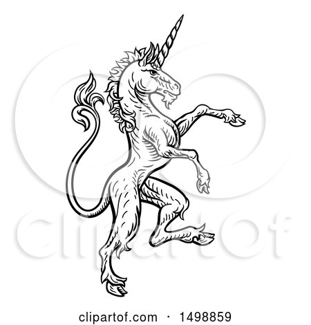 Clipart of a Black and White Heraldic Rampant Unicorn in Profile - Royalty Free Vector Illustration by AtStockIllustration